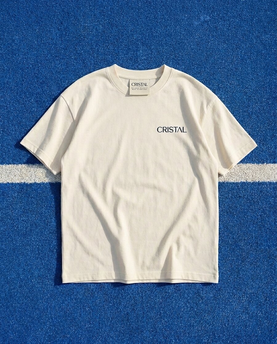 CRISTAL tee — front with neck label, on a padel court